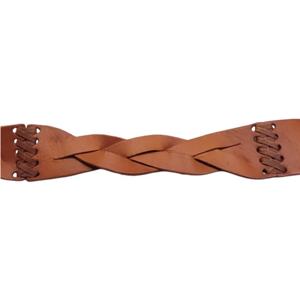 Vintage Bohemian Brown Braided Leather Black‎ Metal Buckle Belt